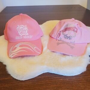 Lot Of 2 Caps Harley Davidson Hot Pink Flame Cap, Rhinestone Skull Cap Both NWOT